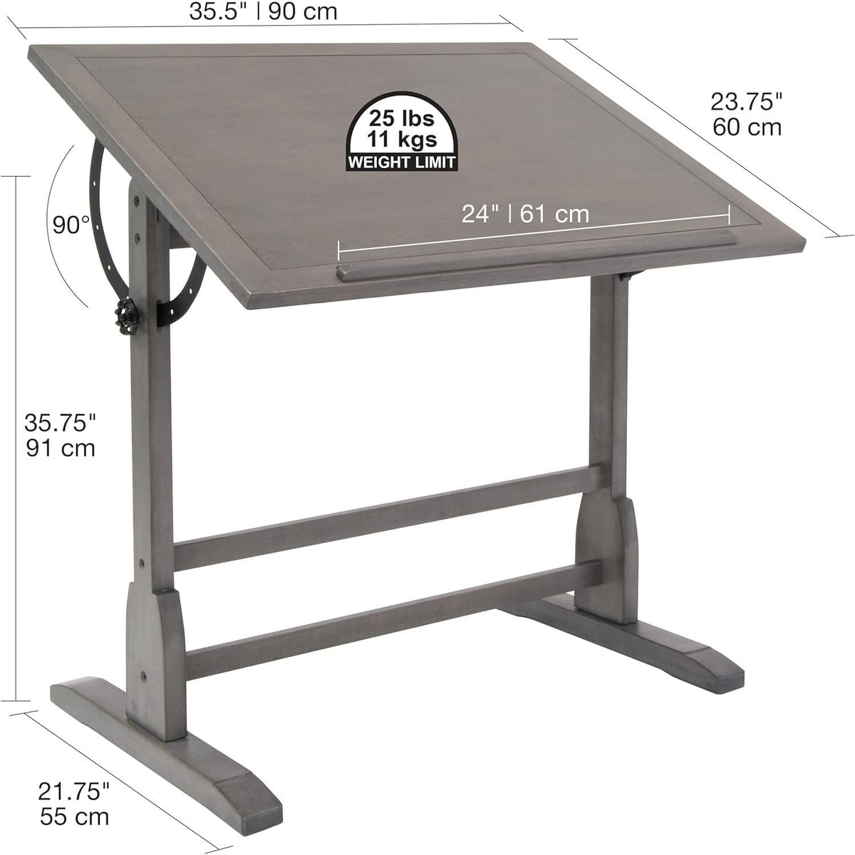 Vintage Drawing Drafting Table with Pencil Ledge - 36" W x 24" D - Slate Gray - Adjustable Tilting Top I803059