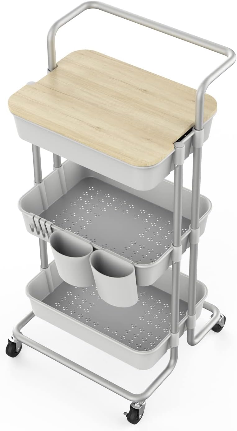 3 Tier Rolling Storage Cart with Cover Board, Handle and Locking Wheels L839185