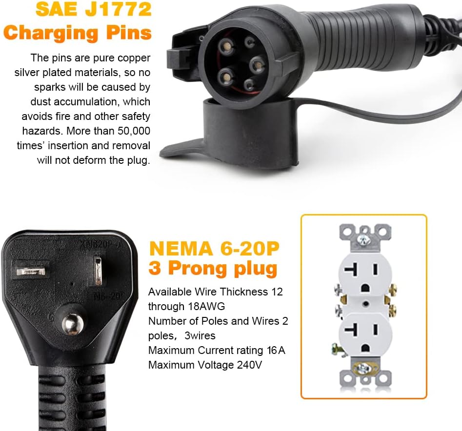 EV Charger Level 1/2 Switchable Current 10/16A NEMA 6-20 Plug with NEMA 5-15P Adapter 110V-240V Electric Car Charger C46889