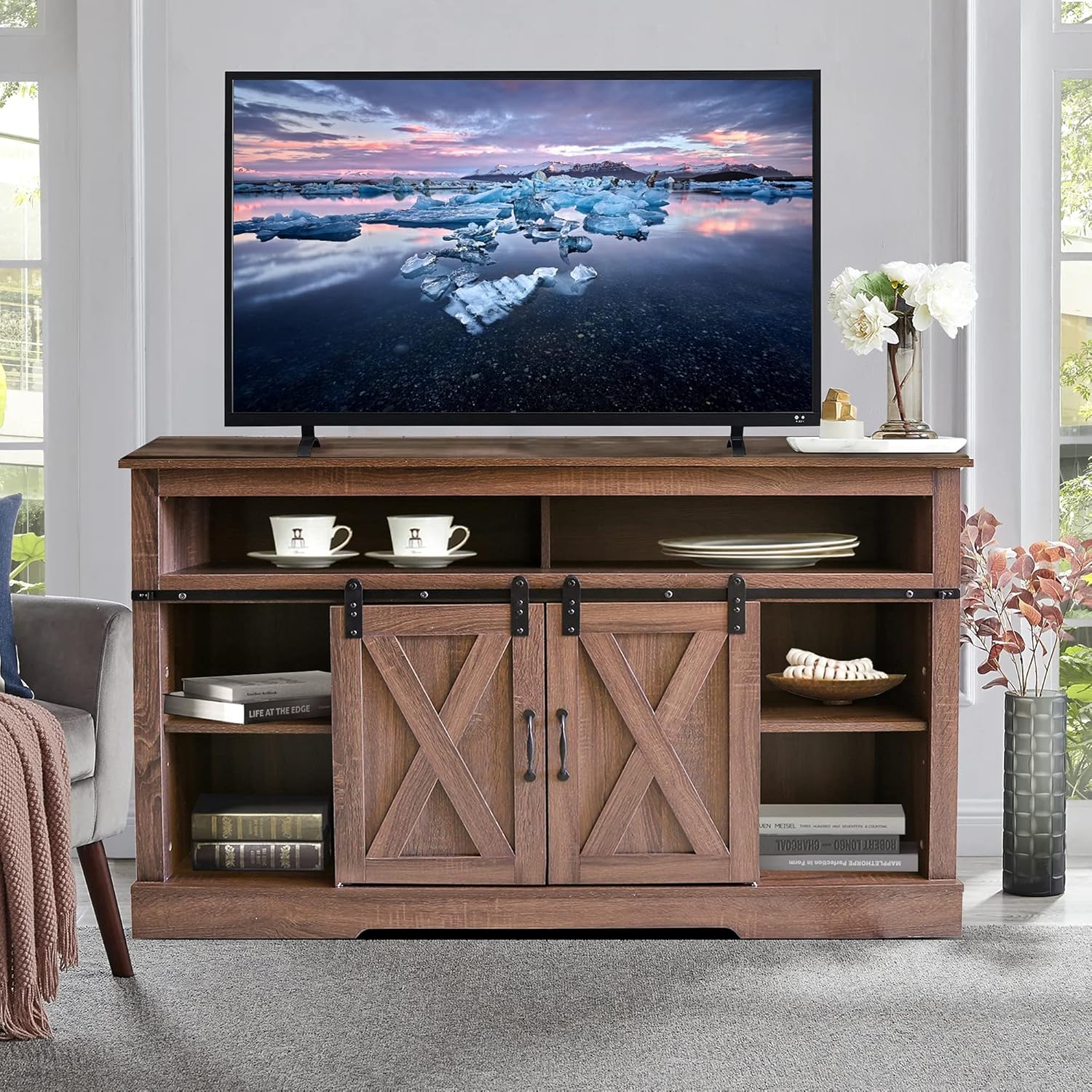 White High Gloss TV Stand with LED Lights and Storage Drawers I34694