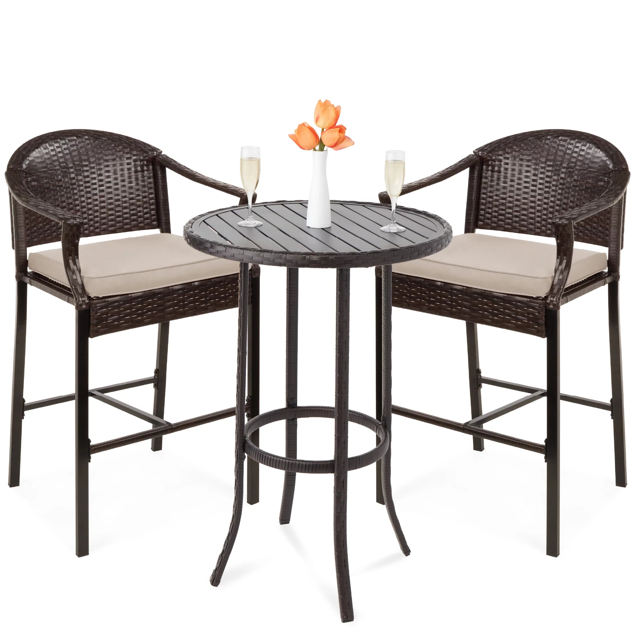 3-Piece Outdoor Wicker Patio Bar Table Bistro Set with Barstools X92219
