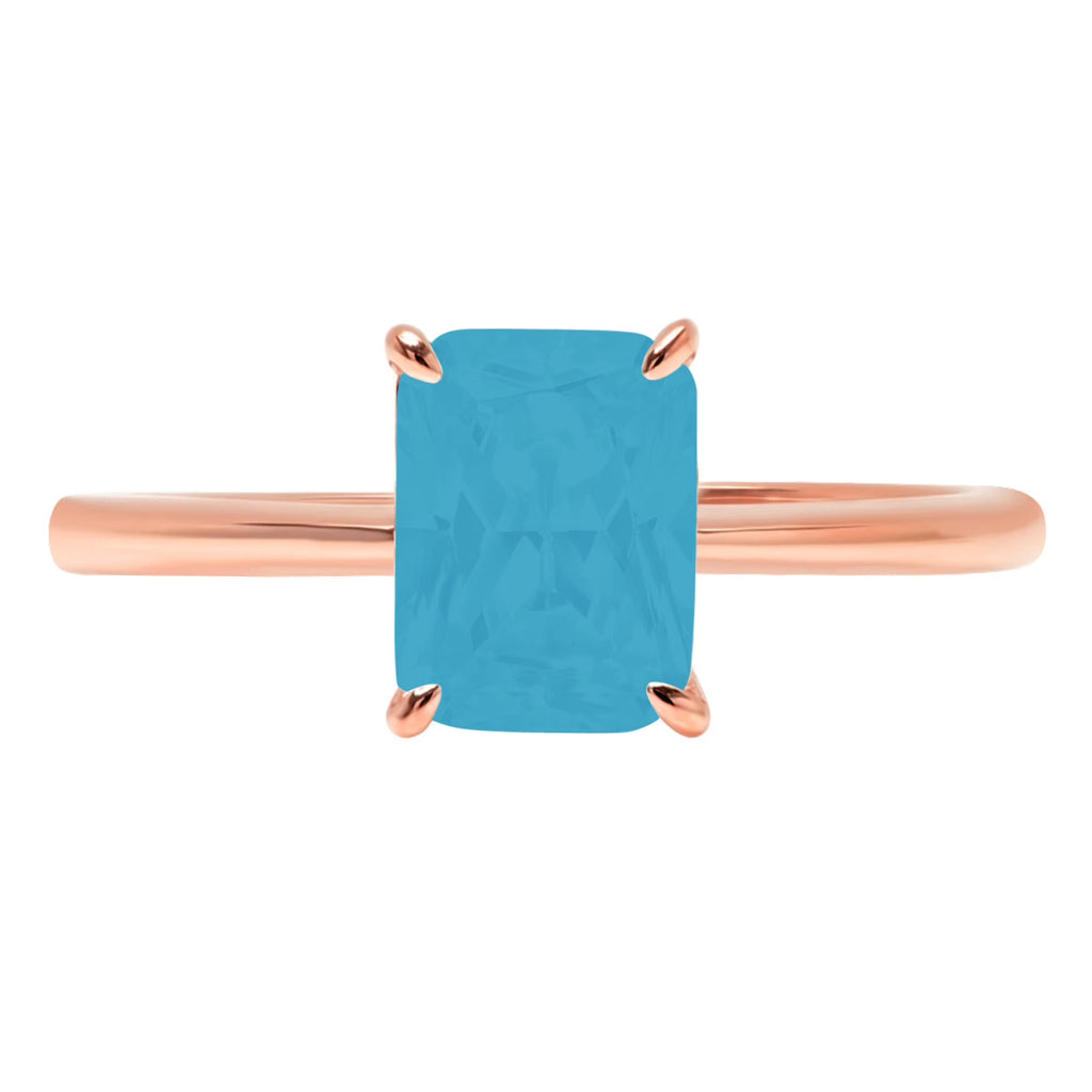 Radiant Cut Blue Simulated Turquoise 14k Pink Rose Gold Solitaire Ring Size 6.5 B9320