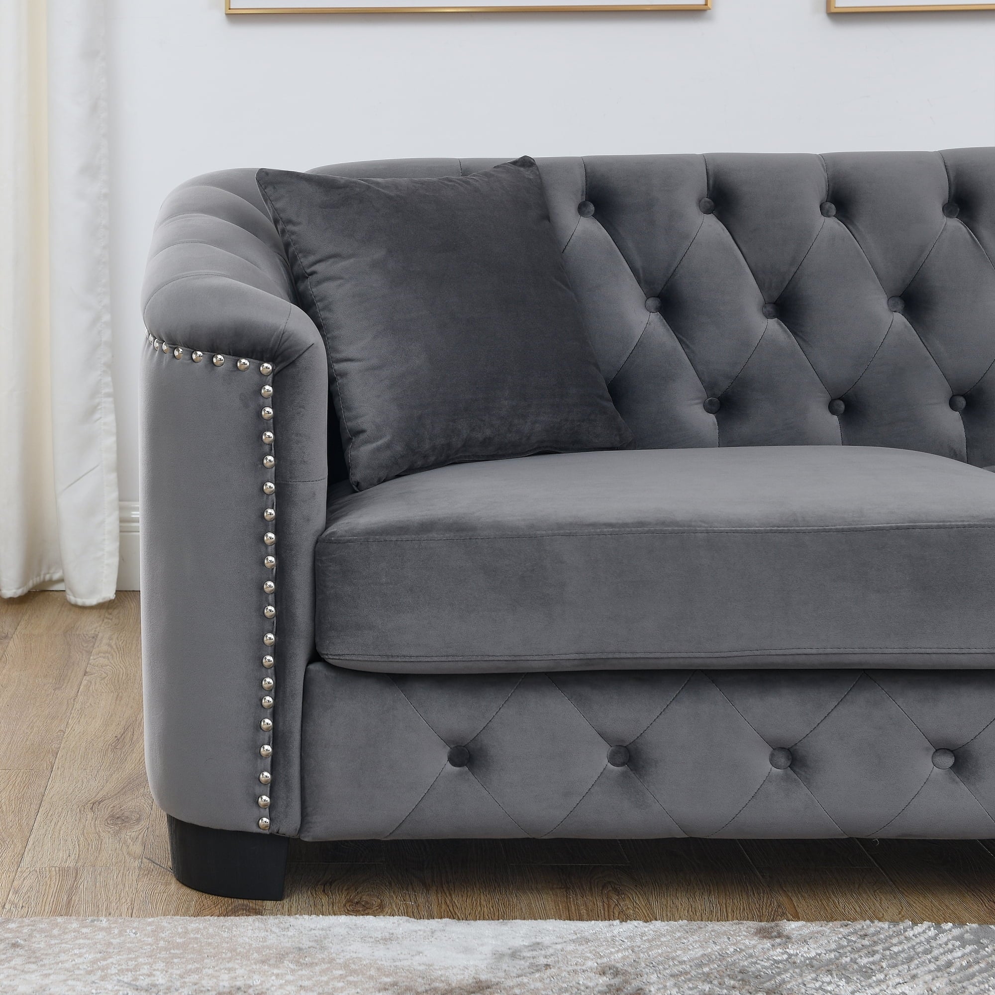 Grey Velvet 3-Seater Chesterfield Sofa F2005