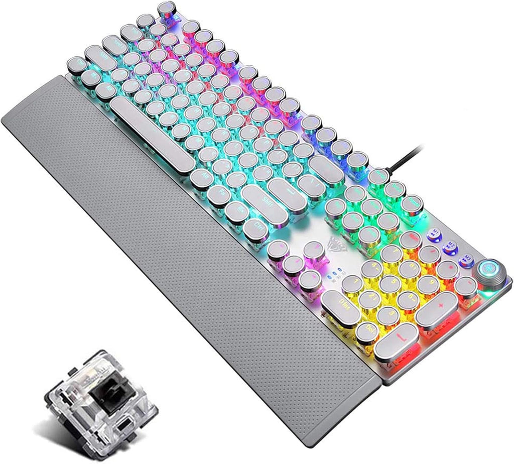 Retro Steampunk Mechanical Gaming Keyboard, Metal Panel, Black Switches, LED Backlit, USB Wired, Hand Rest, Typewriter-Style Round Keycaps J29403