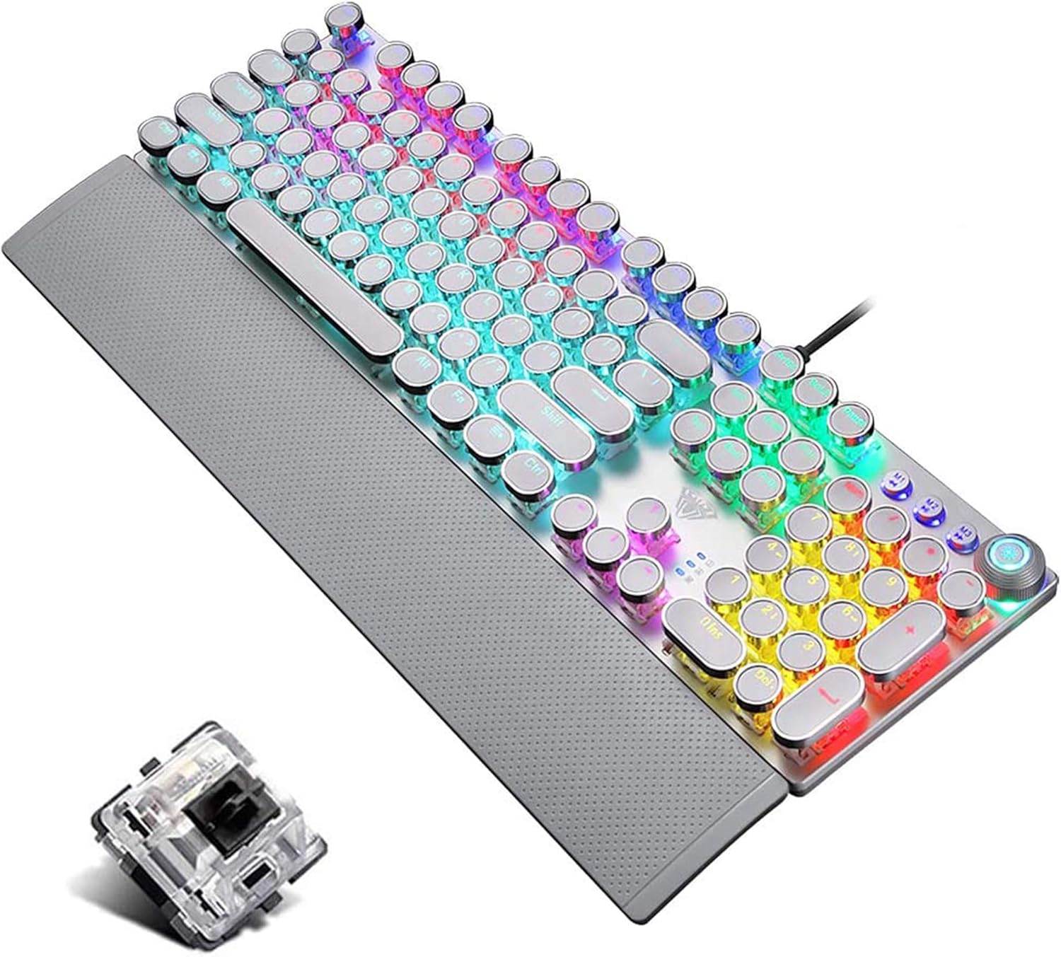 Retro Steampunk Mechanical Gaming Keyboard, Metal Panel, Black Switches, LED Backlit, USB Wired, Hand Rest, Typewriter-Style Round Keycaps J29403
