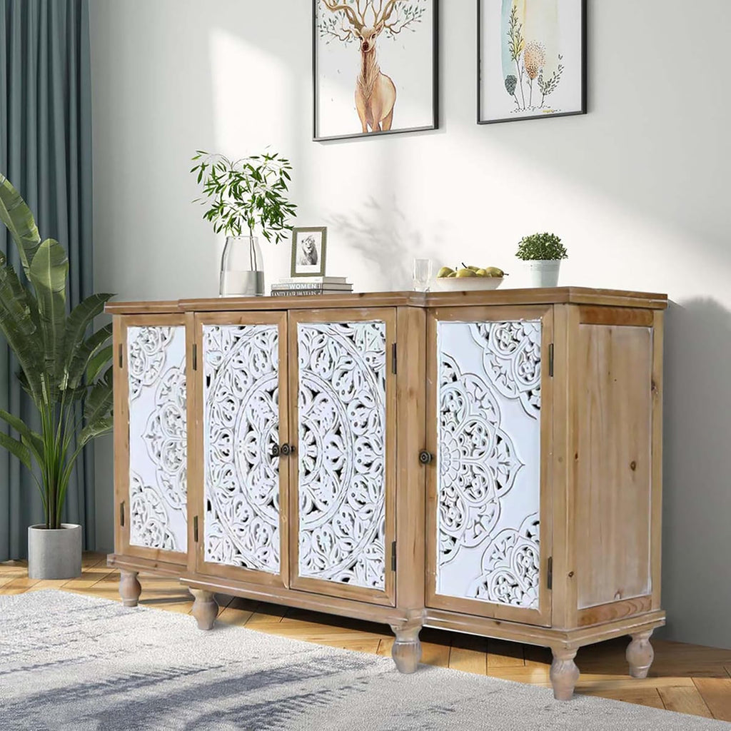 Natural Wood 4-Door Distressed Accent Cabinet with Adjustable Shelves F536827