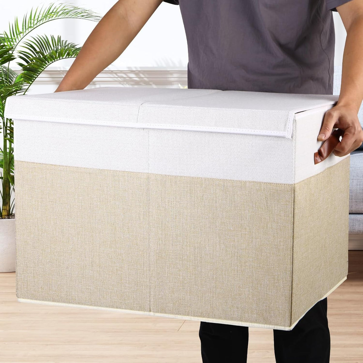 Extra Large Toy Storage Box with Lid, Beige and White U345