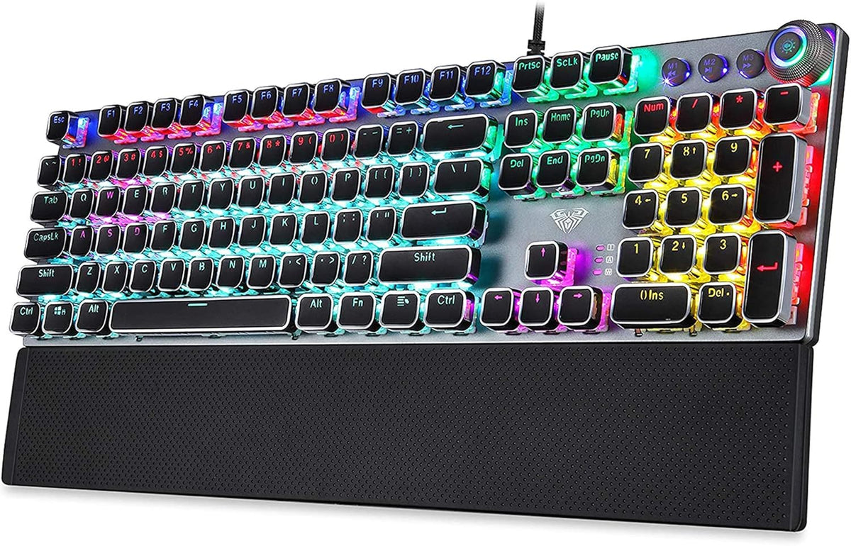 Retro Steampunk Mechanical Gaming Keyboard, Metal Panel, Black Switches, LED Backlit, USB Wired, Hand Rest, Typewriter-Style Round Keycaps J29403