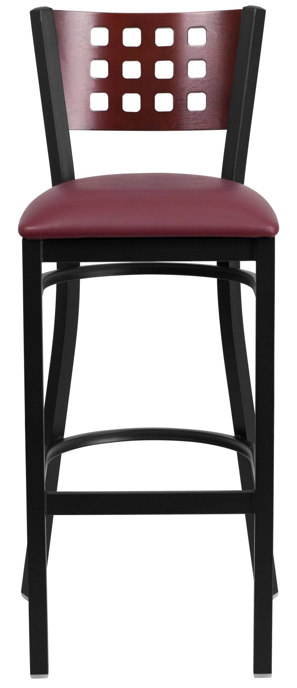 Black Cutout Back Metal Restaurant Barstool with Mahogany Wood Back and Burgundy Vinyl Seat Q3213
