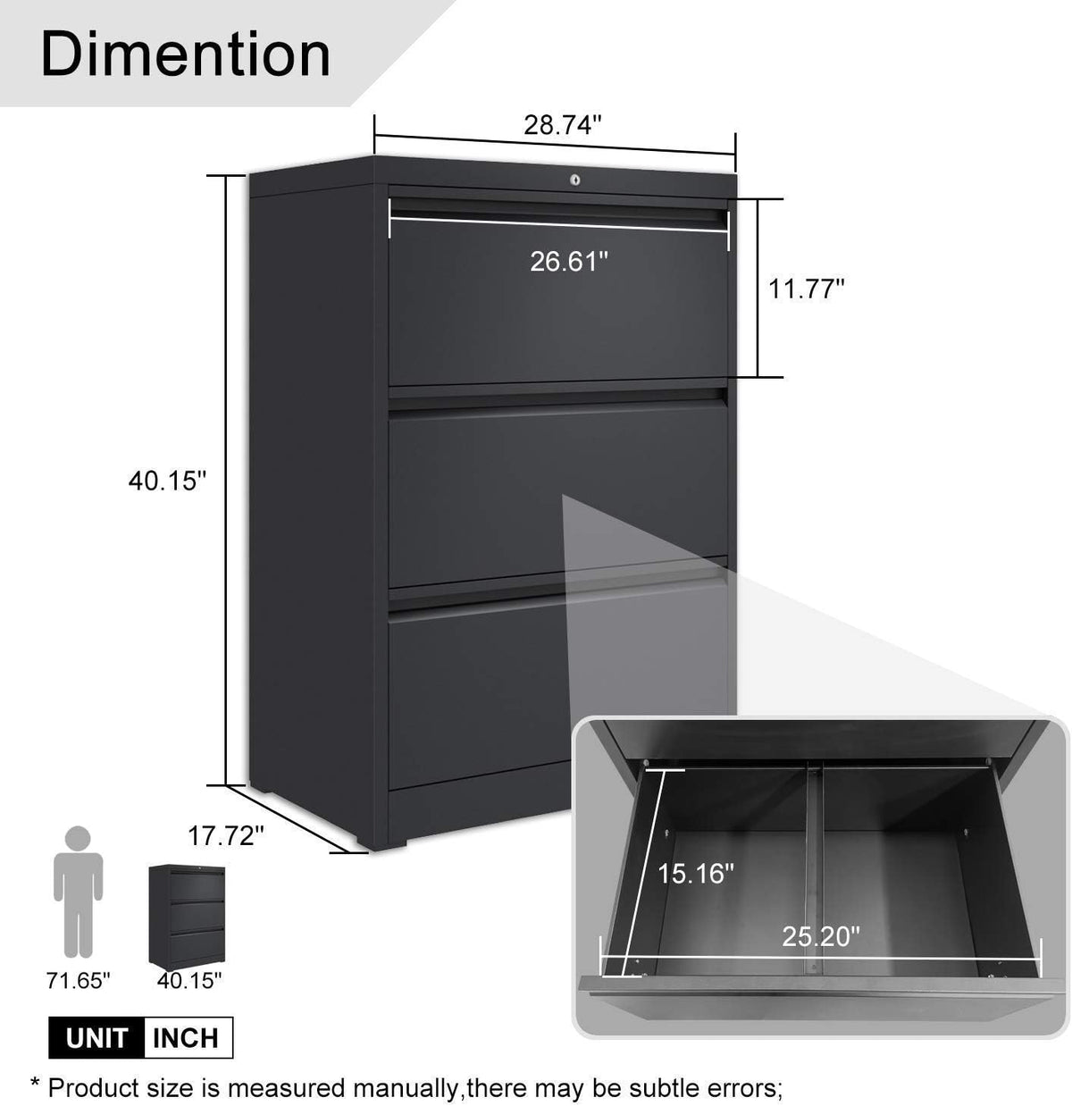 Black 3 Drawer Metal Lateral File Cabinet F763