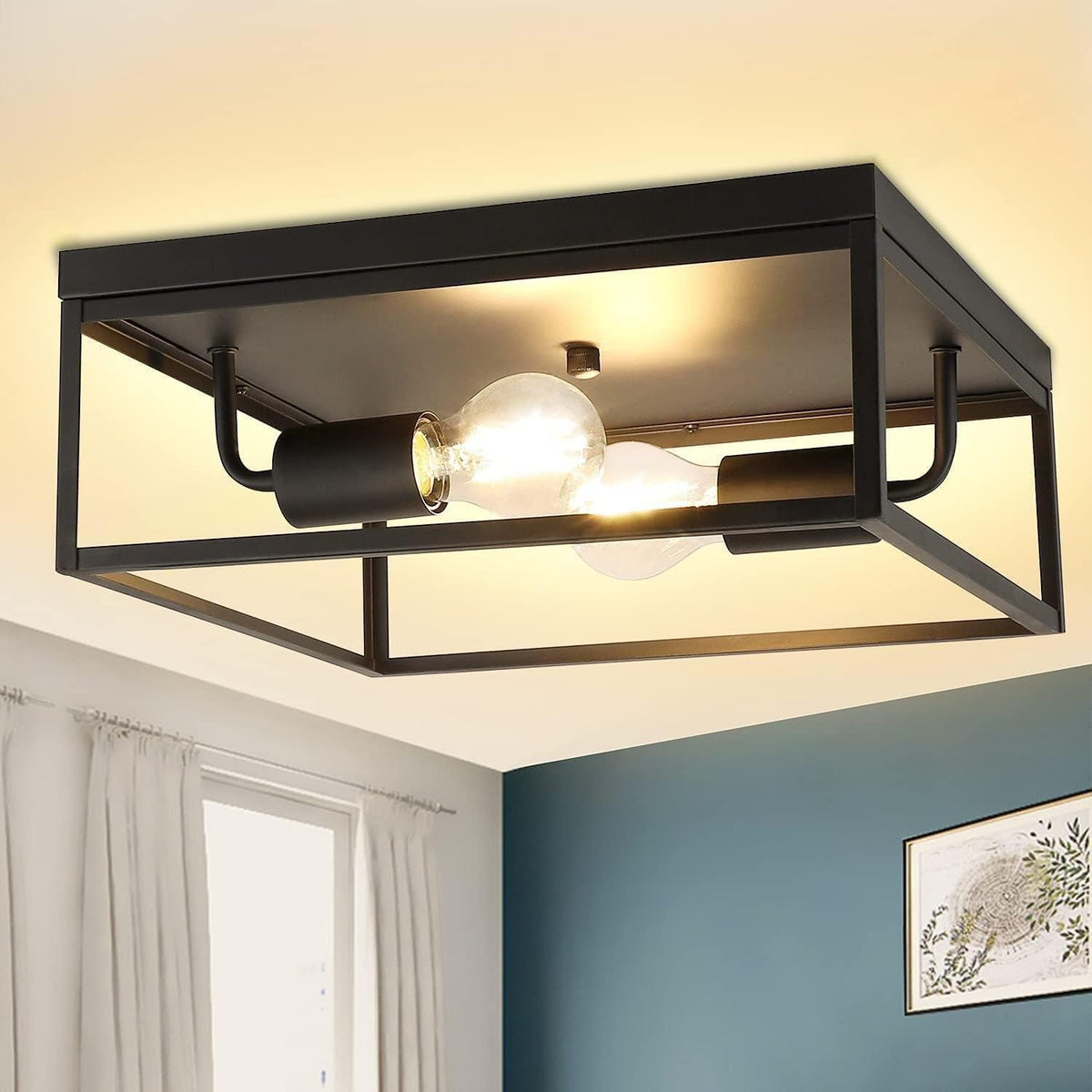 3-Light Industrial Flush Mount Ceiling Light, Matte Black Metal Cage, E26 Base V387306