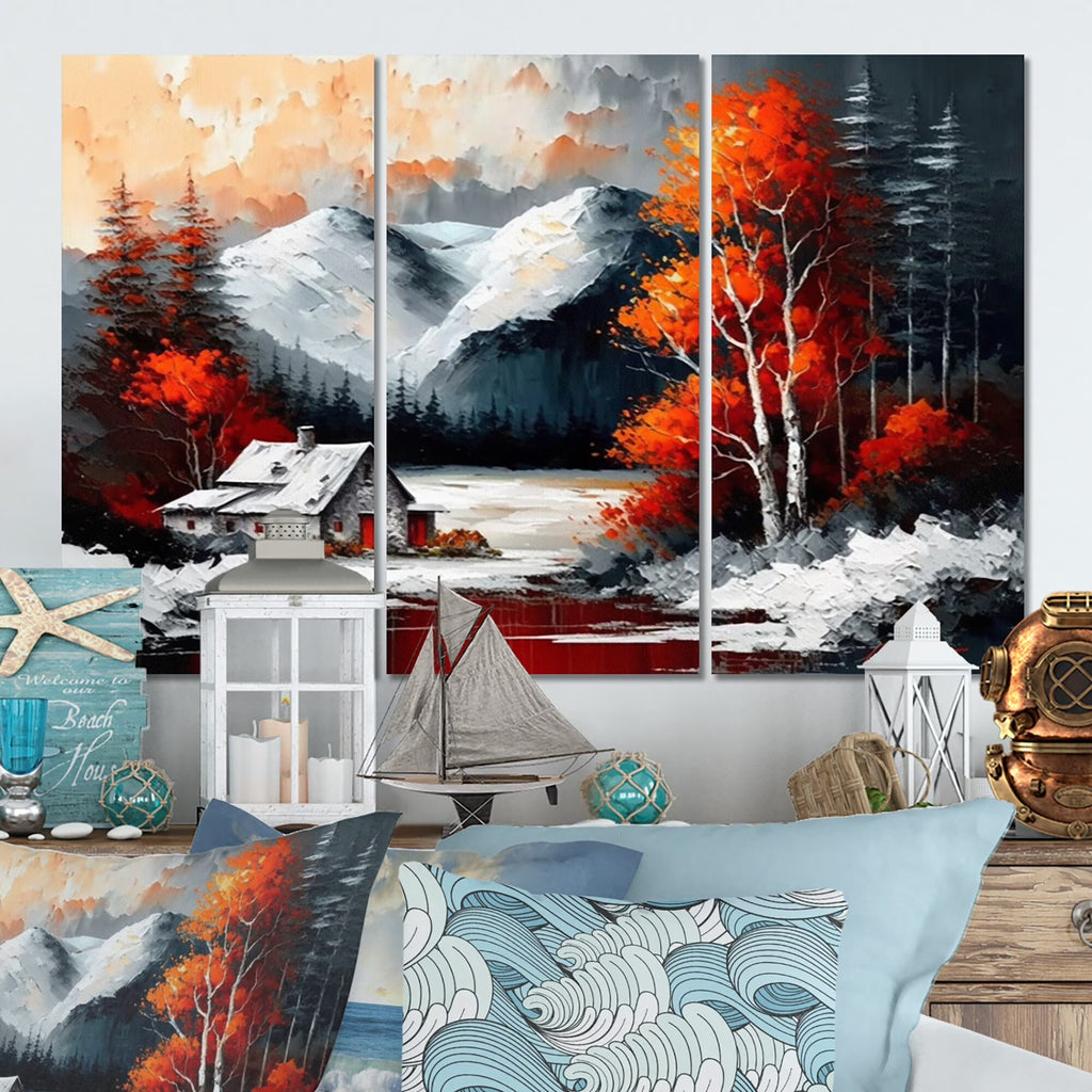 Cabin In The Woods In Winter V Lake House Cottage Canvas Art Print - 3 Panels 36 in. wide x 28 in. high H6174