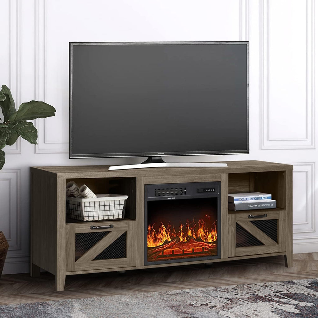 Barn Door Wood Electric Fireplace TV Stand with Storage Cabinets and Infrared Heater Q7333
