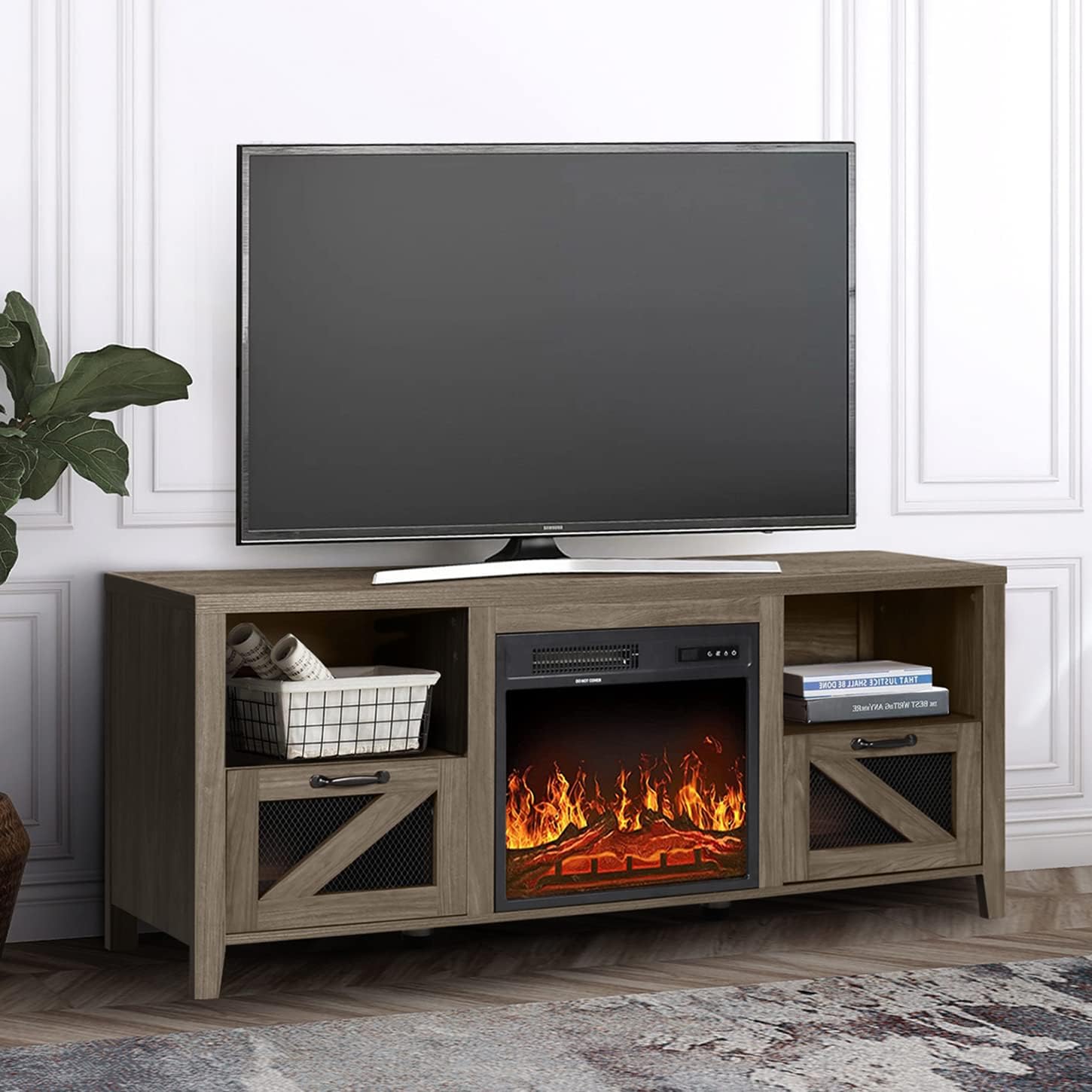 Barn Door Wood Electric Fireplace TV Stand with Storage Cabinets and Infrared Heater Q7333