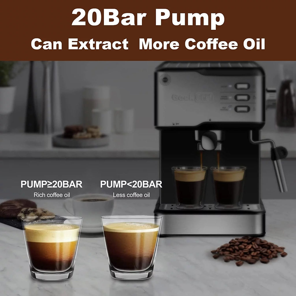 Black 20 Bar Espresso Coffee Machine with Milk Frother Steam Wand, 1.5L Water Tank T9410