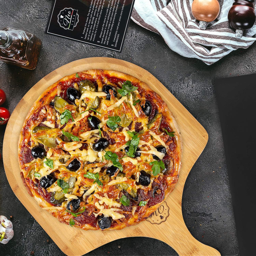 Black Cordierite Ceramic Coated Pizza Stone Pan Set with Bamboo Pizza Peel & Pizza Cutter W38336