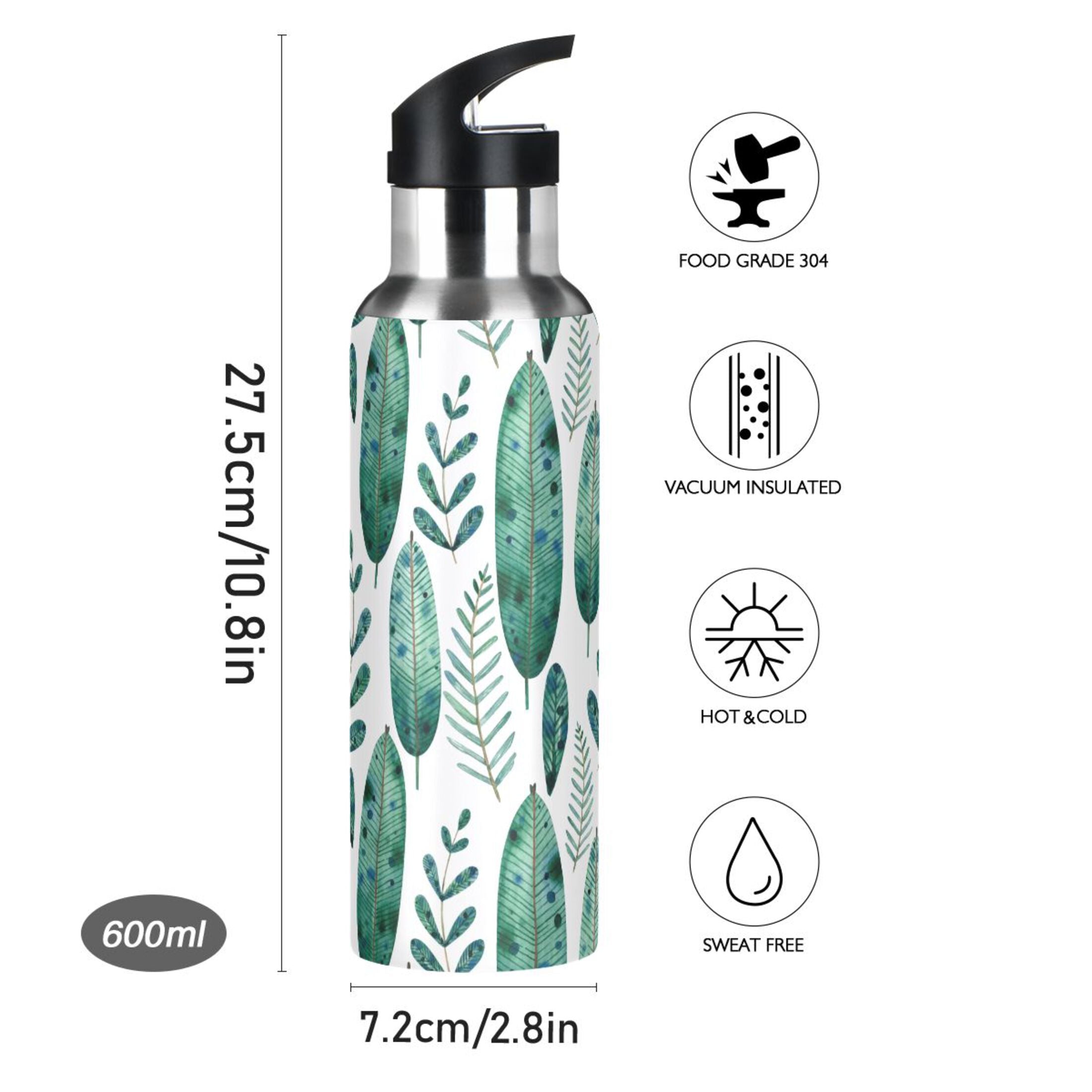 Green Leaves Stainless Steel Water Bottle with Straw Lid Flask, 20 oz U946579