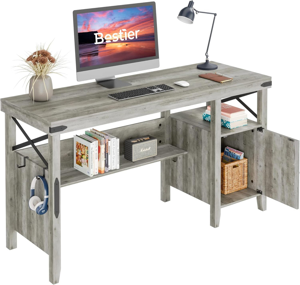 Gray Farmhouse Computer Desk with Storage Cabinet and Bookshelf B31091