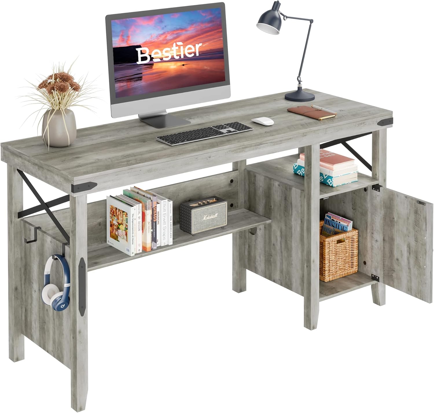 Gray Farmhouse Computer Desk with Storage Cabinet and Bookshelf B31091