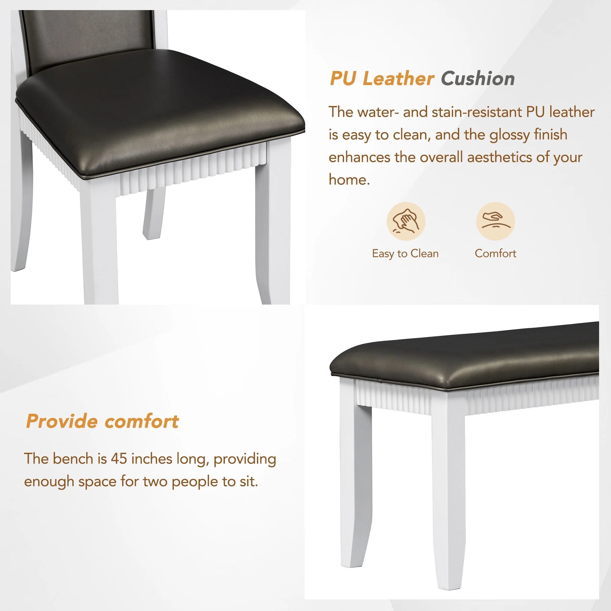 White Solid Wood 6-Piece Dining Table Set with PU Leather Chairs and Bench P29634
