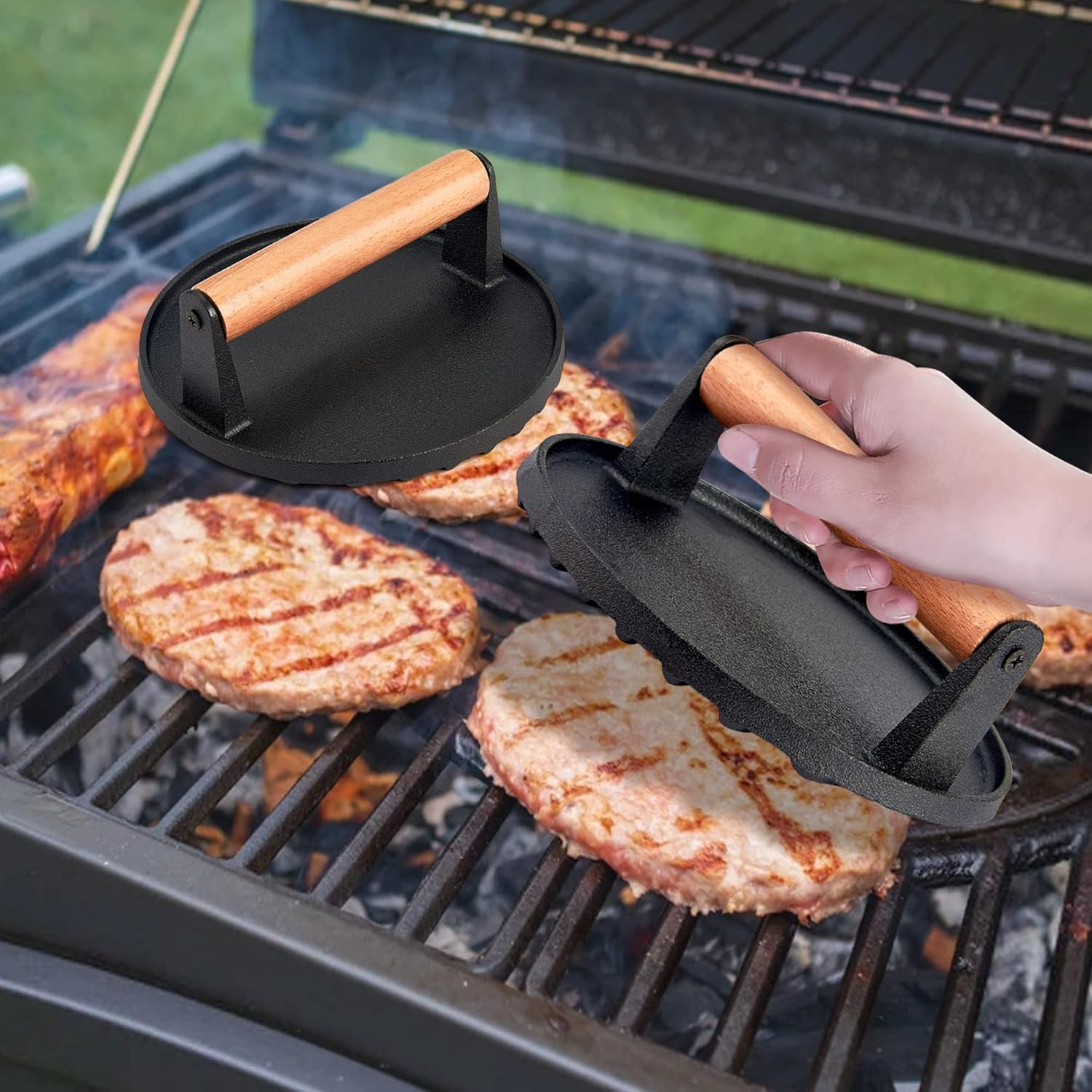 Cast Iron Burger Press Set of 2, 7 Inch Round with Wooden Handle H95003