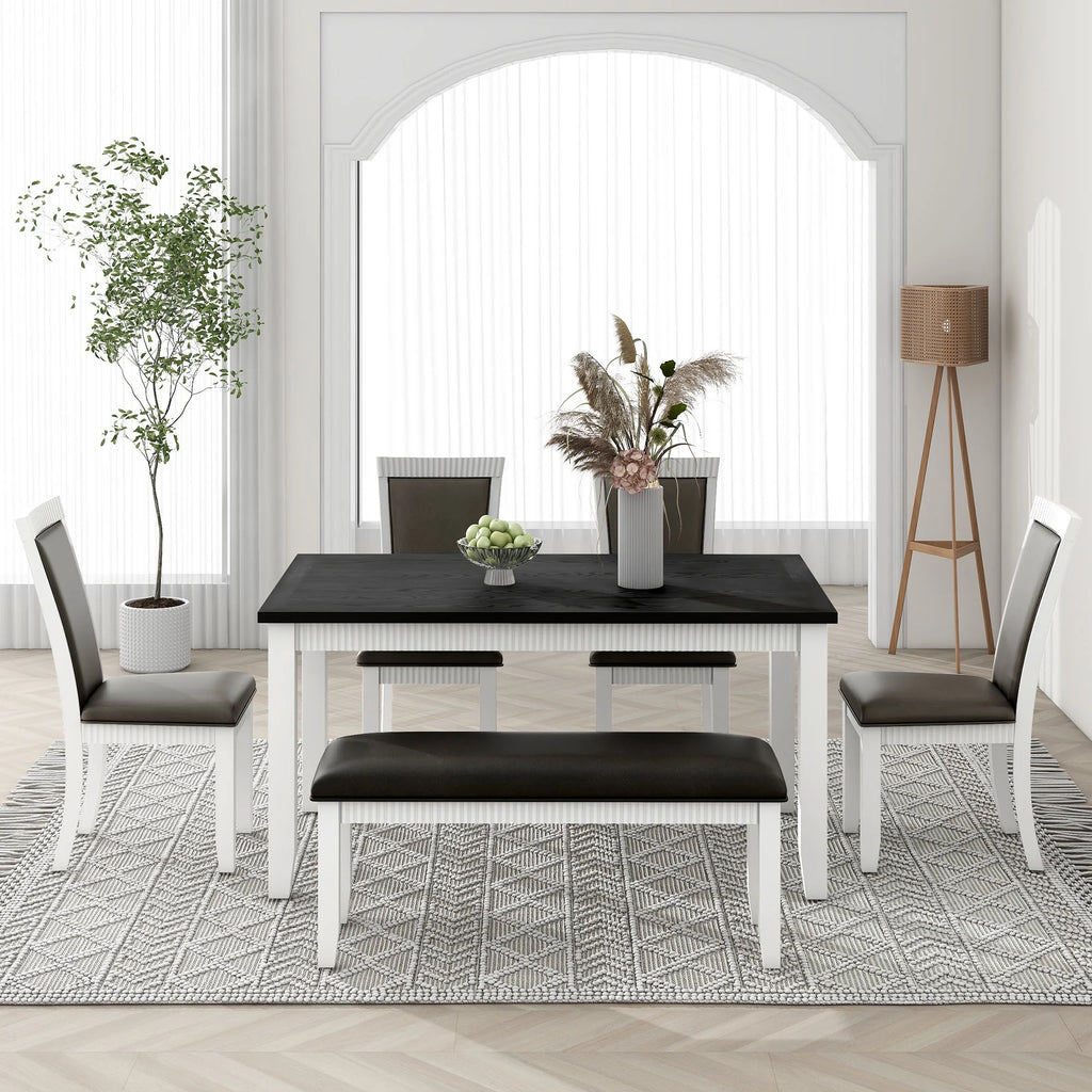 White Solid Wood 6-Piece Dining Table Set with PU Leather Chairs and Bench P29634