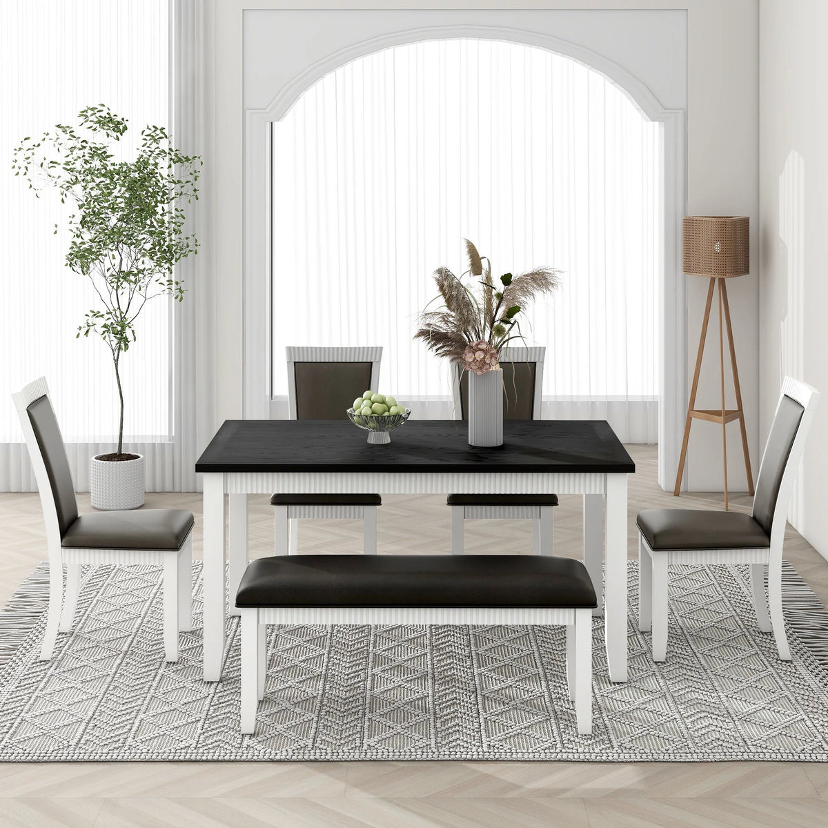 White Solid Wood 6-Piece Dining Table Set with PU Leather Chairs and Bench P29634