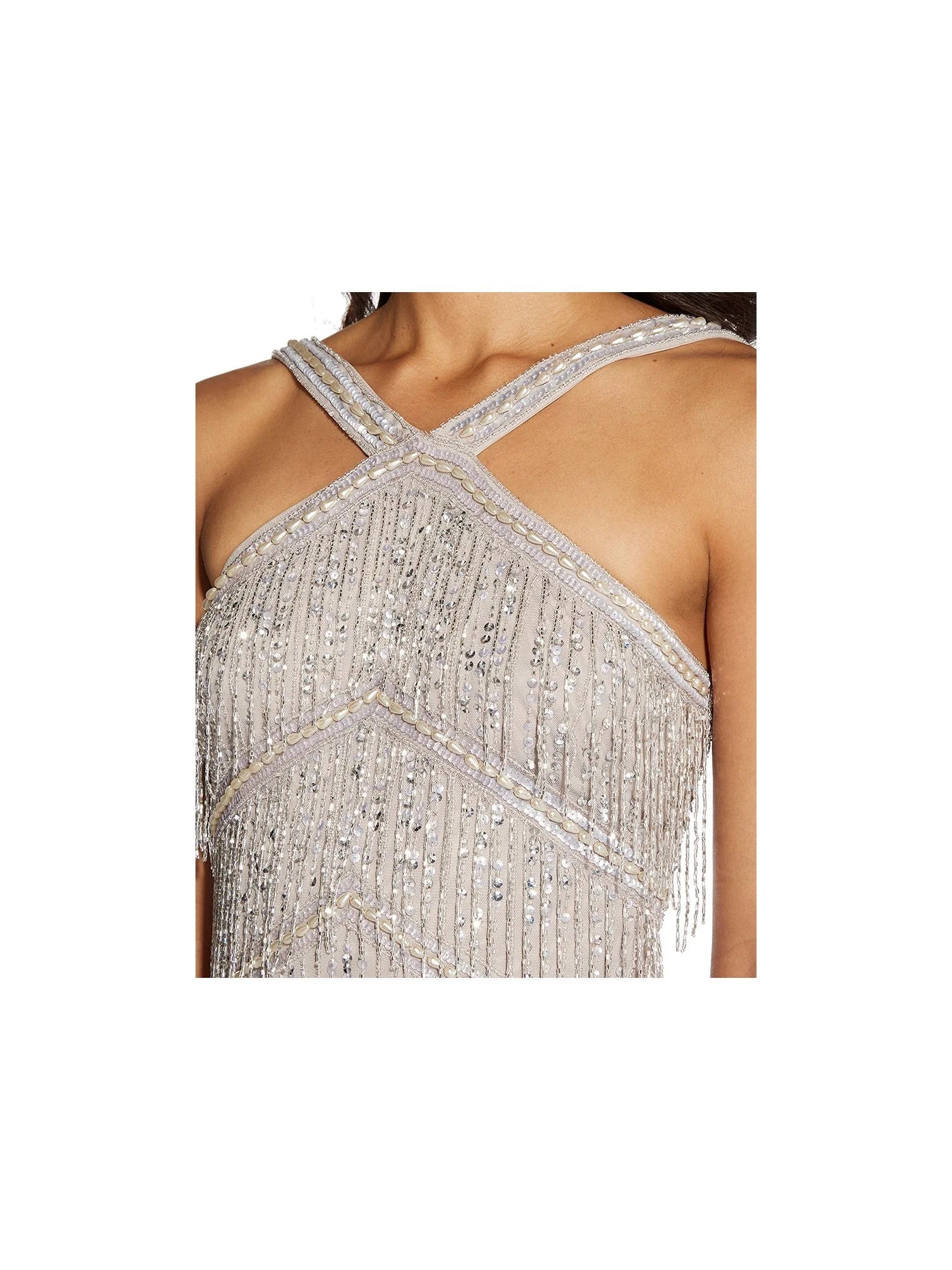 Beige Embellished Fringed Halter Knee Length Cocktail Sheath Dress A474660