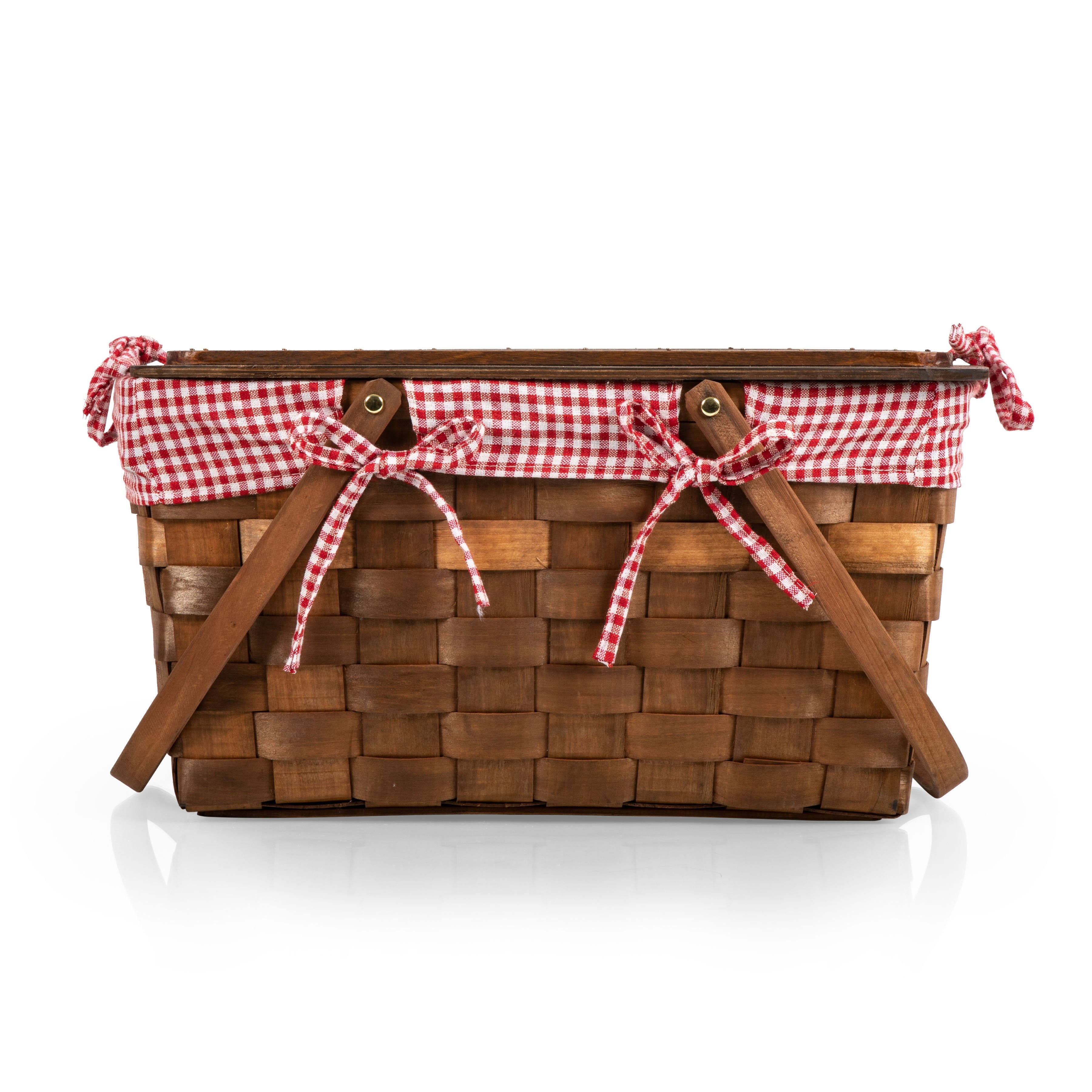 Red White Gingham Handwoven Wood Picnic Basket W9224
