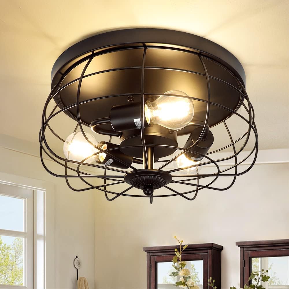 3-Light Industrial Flush Mount Ceiling Light, Matte Black Metal Cage, E26 Base V387306