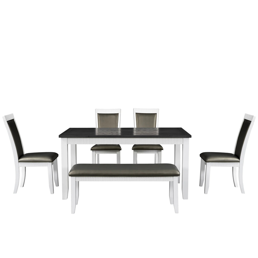 White Solid Wood 6-Piece Dining Table Set with PU Leather Chairs and Bench P29634