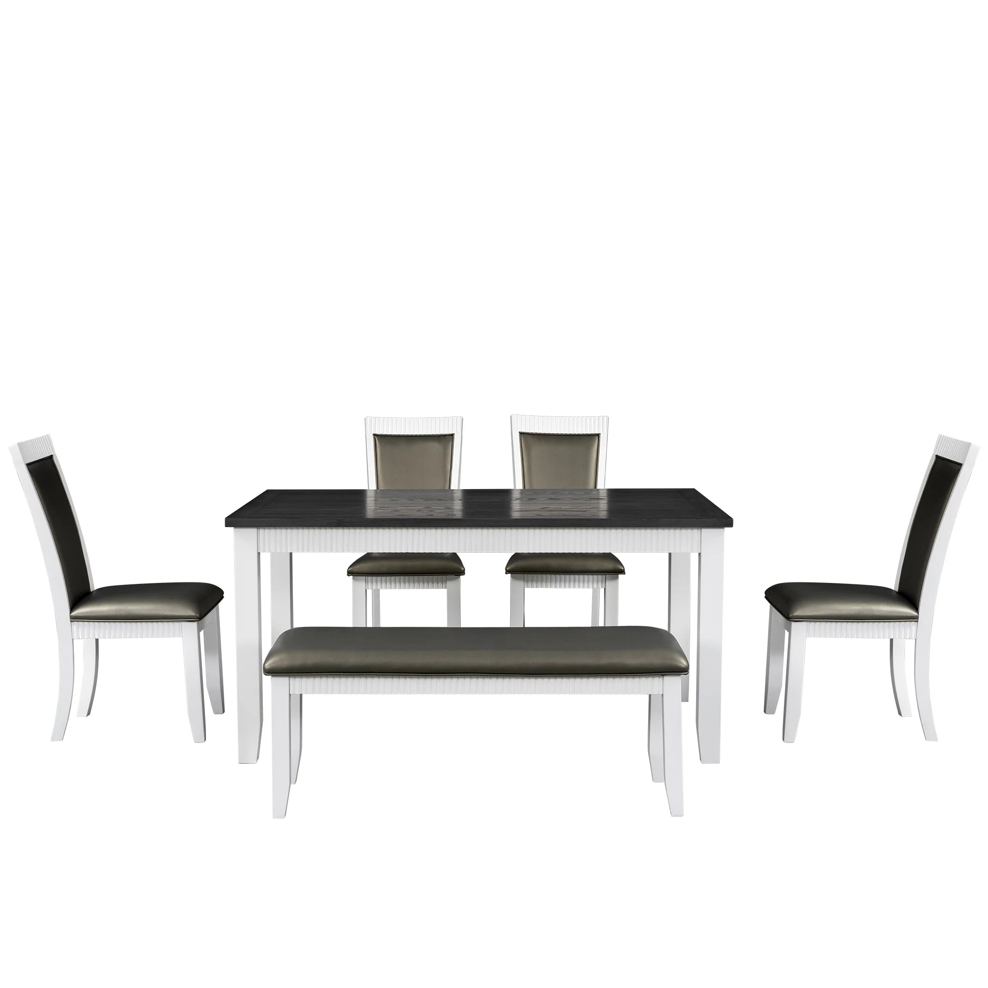 White Solid Wood 6-Piece Dining Table Set with PU Leather Chairs and Bench P29634