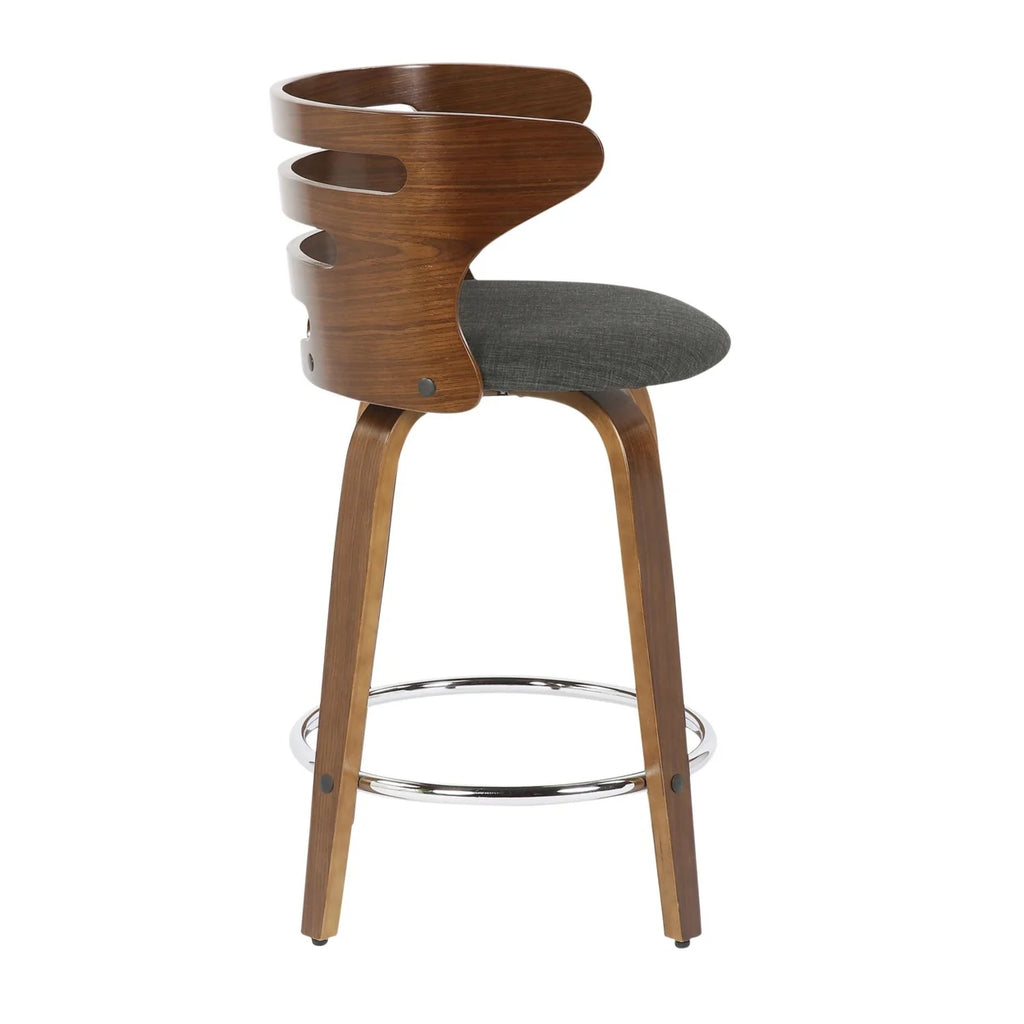 Mid-Century Modern Counter Stool With Swivel In Walnut And Charcoal Fabric - Set Of 2 J9933