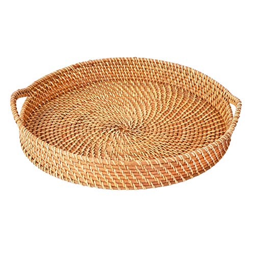 Round Wicker Rattan Tray 18 inches Hand Woven Natural Serving Tray with Handles H13058