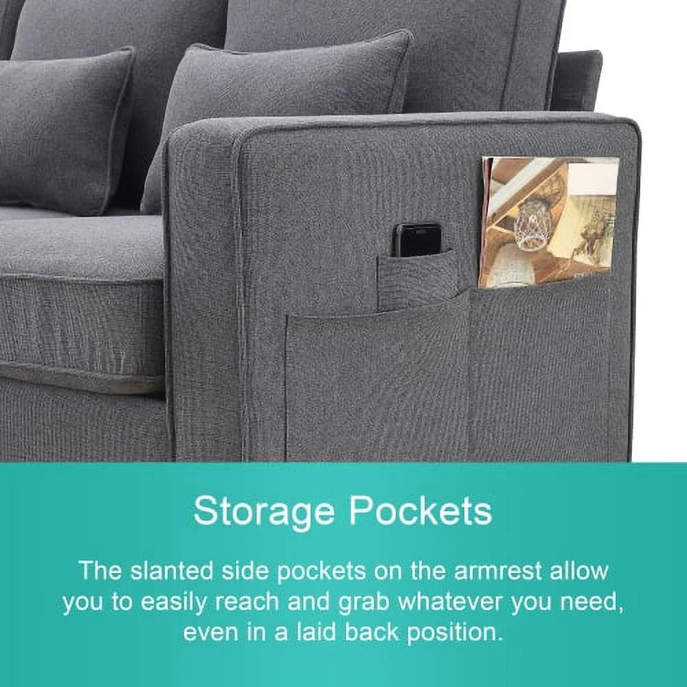 104" 4-Seater Linen Fabric Sofa with Armrest Pockets and 4 Pillows M493