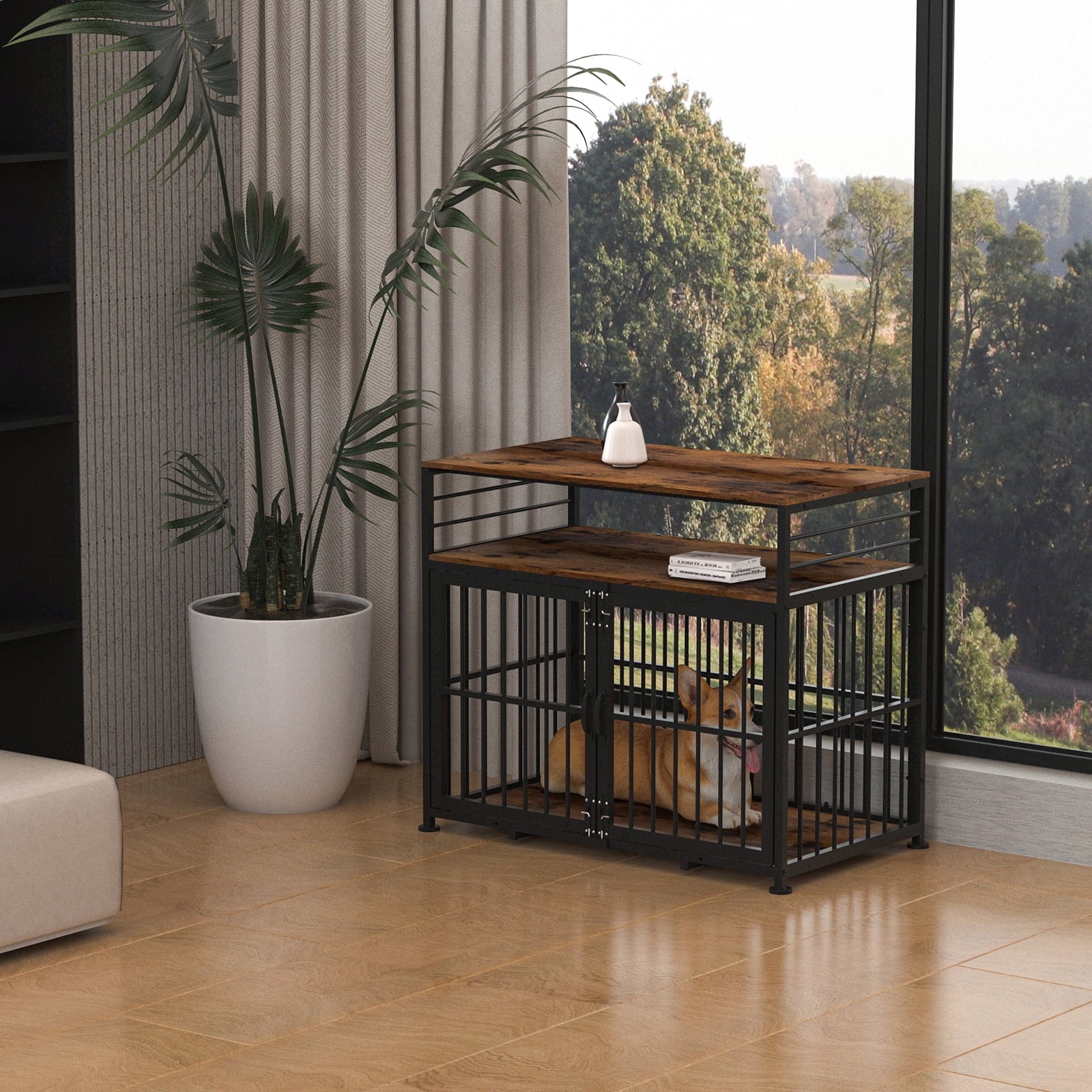 Brown 40" Wooden Dog Crate Furniture with Storage Shelf M3058