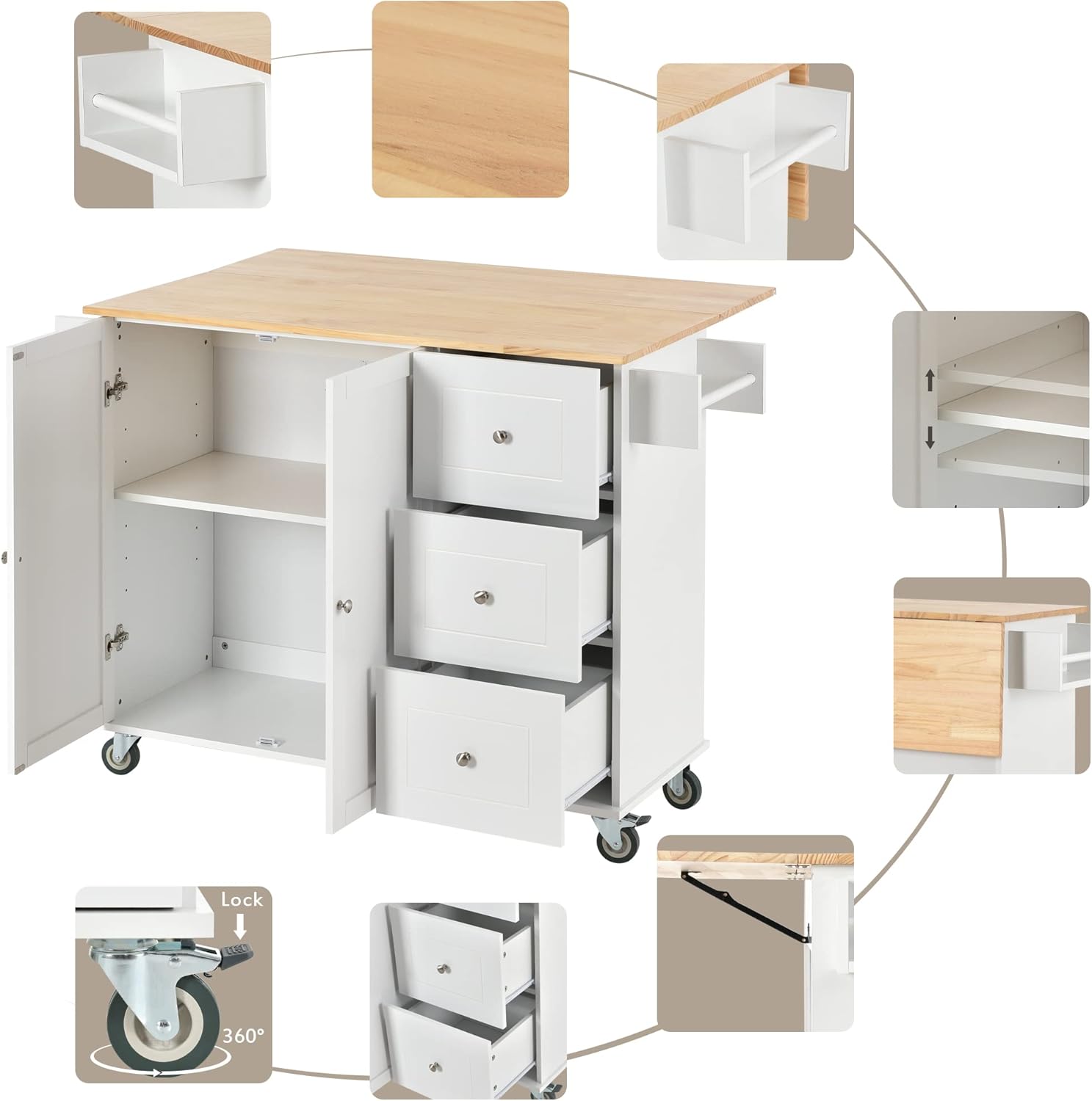 White Kitchen Island with 3 Drawers and Rolling Cart Z635452