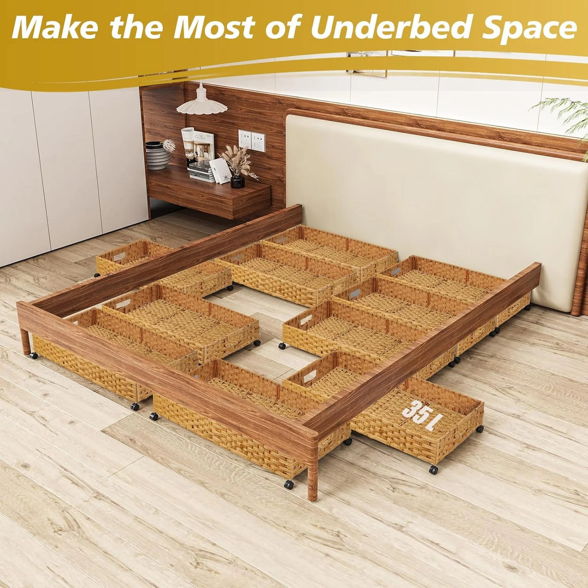 2 Pack 31.5in Rolling Rattan Under Bed Storage Bins K185582