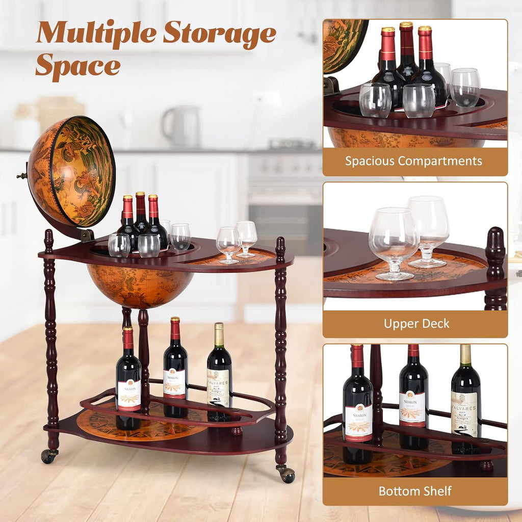34.5’’ Wine Bar Cart with Wheels, 2 Storage Shelves, Wood Liquor Cabinet O4557