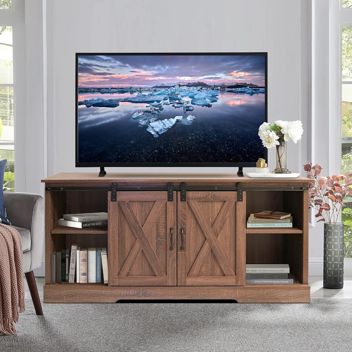White High Gloss TV Stand with LED Lights and Storage Drawers I34694