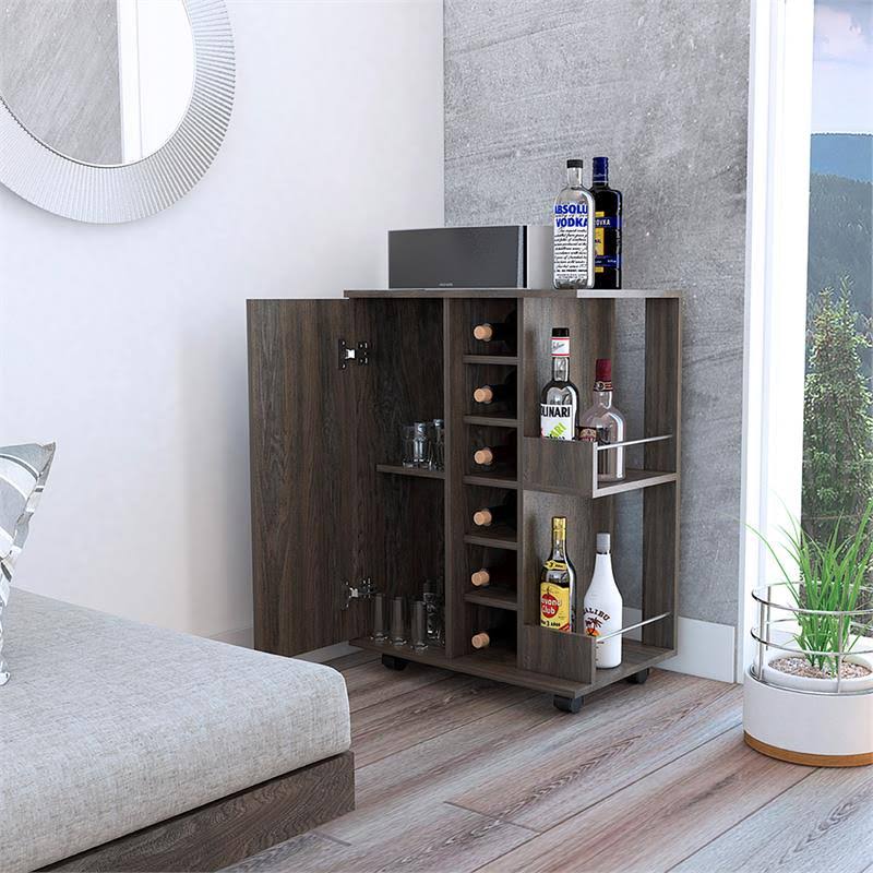 Espresso Bar Cart Cabinet with 6-Cubbies and 2-Shelves F771433
