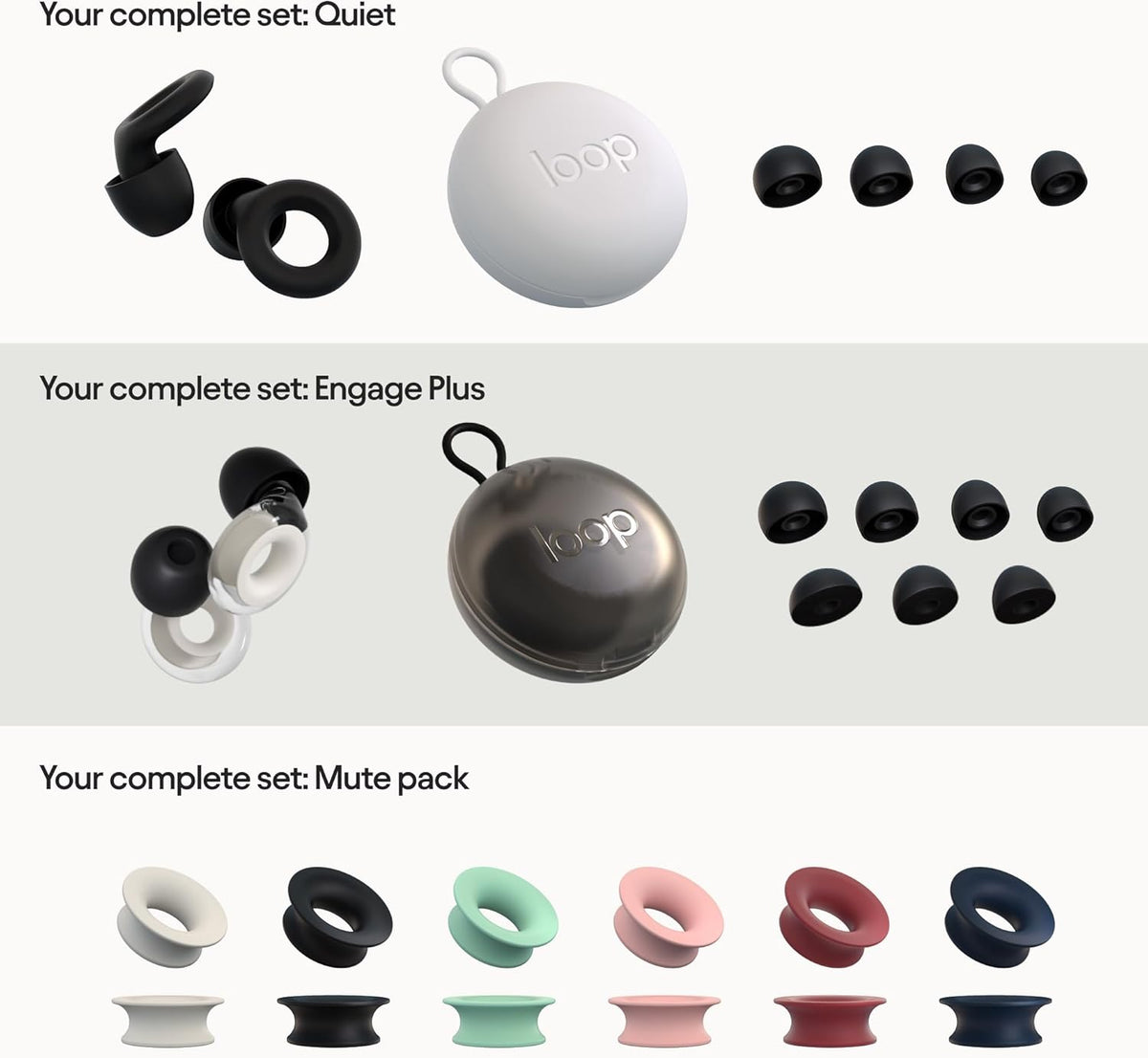 Loop Earplugs Daily Control Plus Bundle (2-Pack) + Mute – Loop Quiet (Black) + Loop Engage Plus (Crystal) + Loop Mute | Reusable Ear Plugs S902535