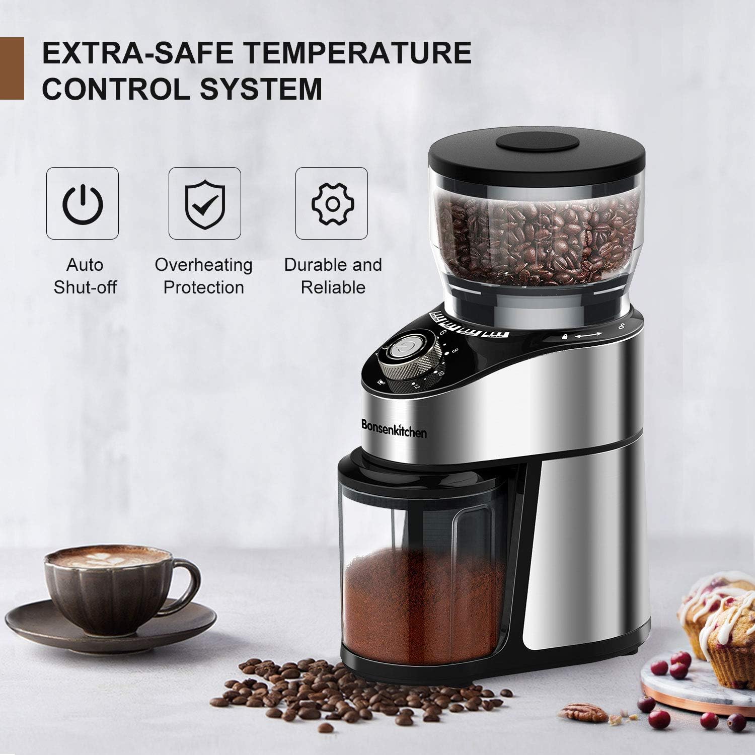 Stainless Steel Electric Conical Burr Coffee Grinder with 12 Grind Settings V24055
