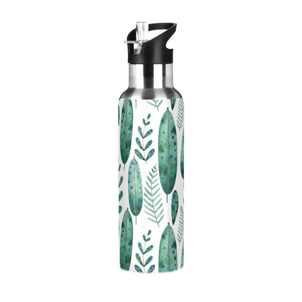 Green Leaves Stainless Steel Water Bottle with Straw Lid Flask, 20 oz U946579