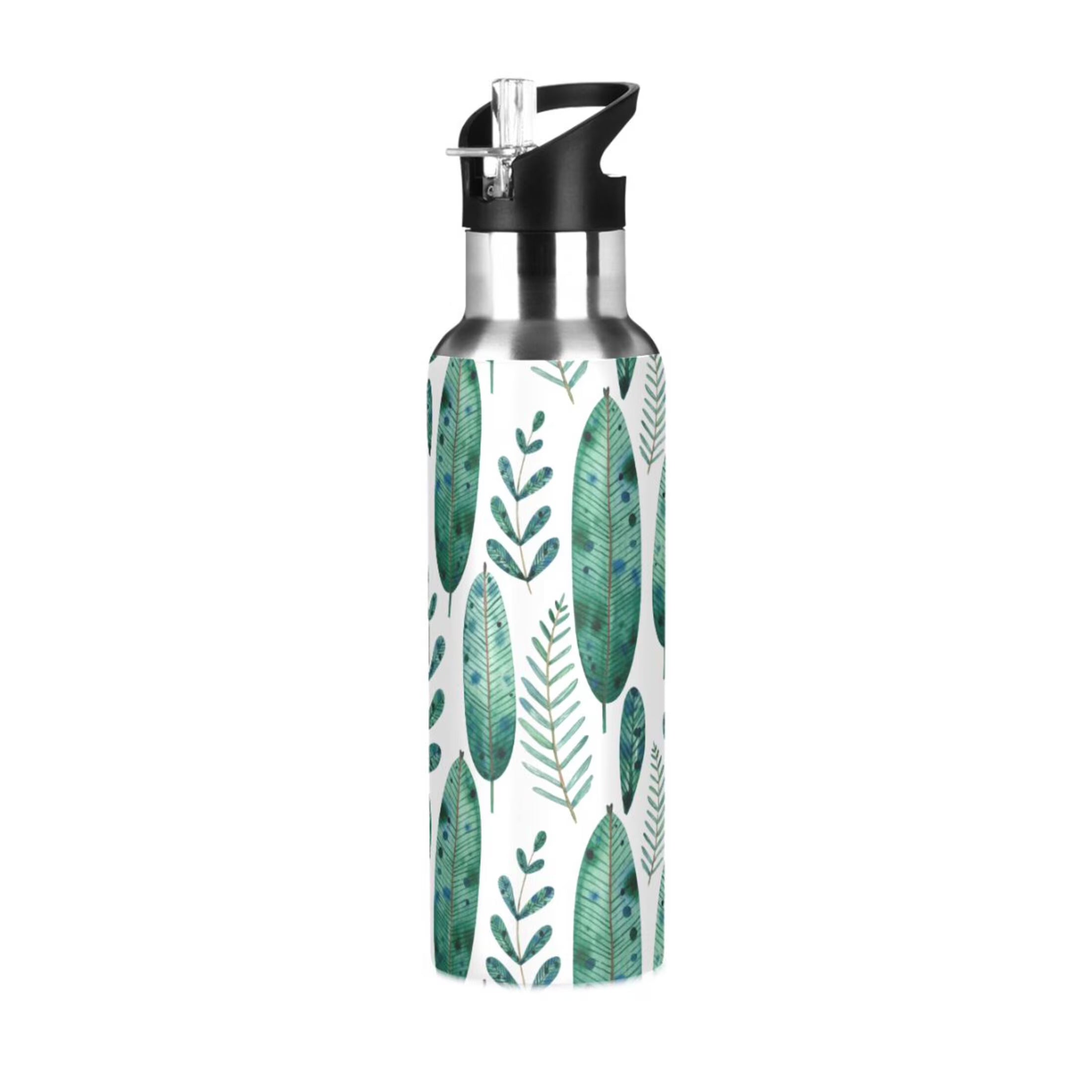 Green Leaves Stainless Steel Water Bottle with Straw Lid Flask, 20 oz U946579