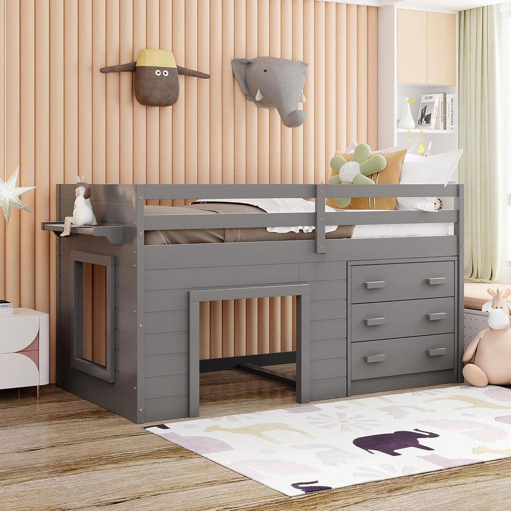 Twin Size Loft Bed with Desk and Storage Cabinet V3865