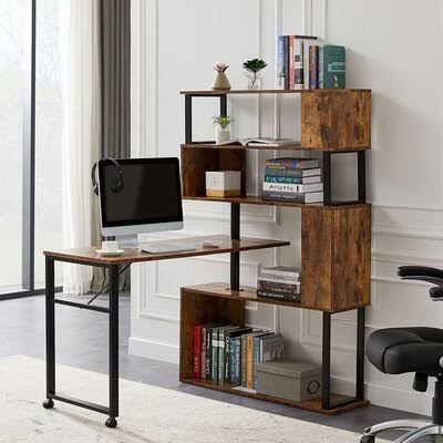 L-Shaped Corner Computer Desk with 5-Story Bookshelf Y807499