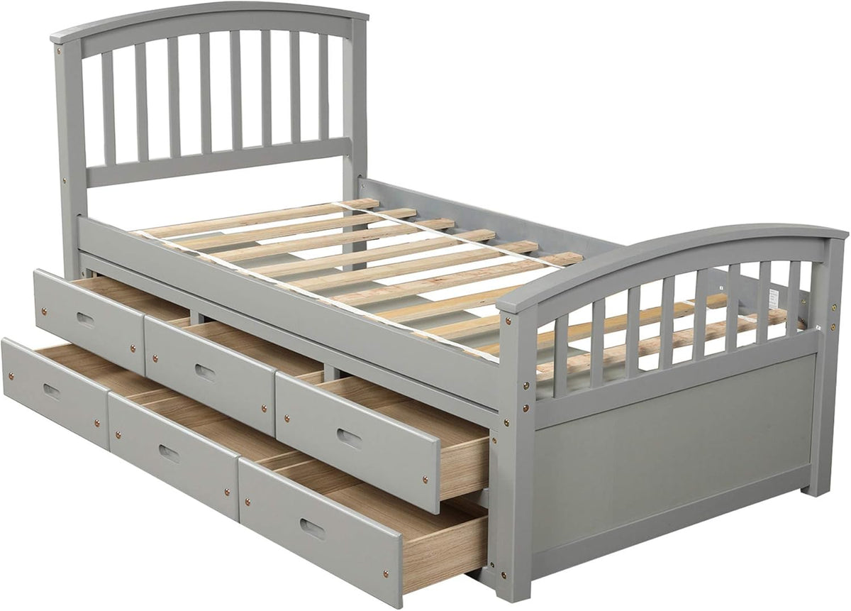 Twin Size Solid Wood Platform Storage Bed with 6 Drawers R12869