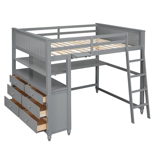Gray Twin Loft Bed with Storage Cabinet and Desk D454795