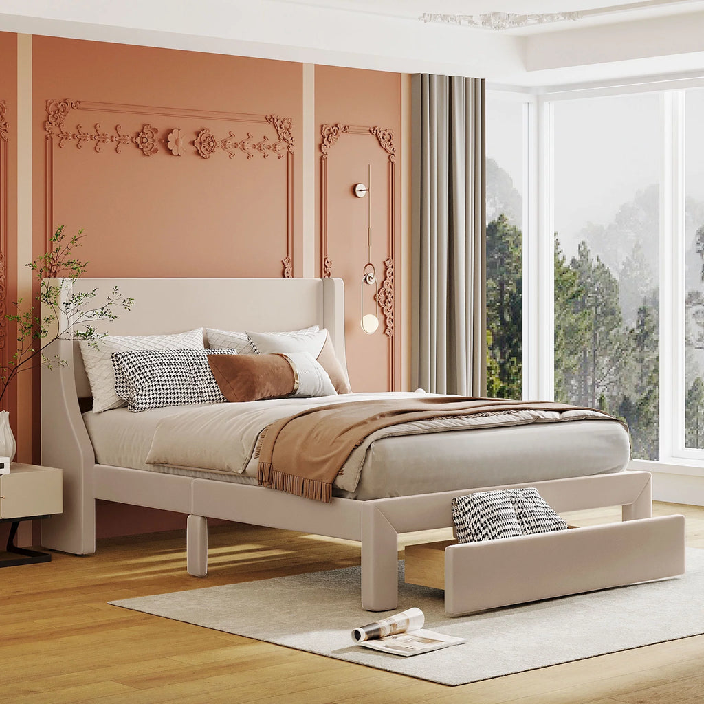 Beige Velvet Full Size Bed Frame with Storage Drawer R3638